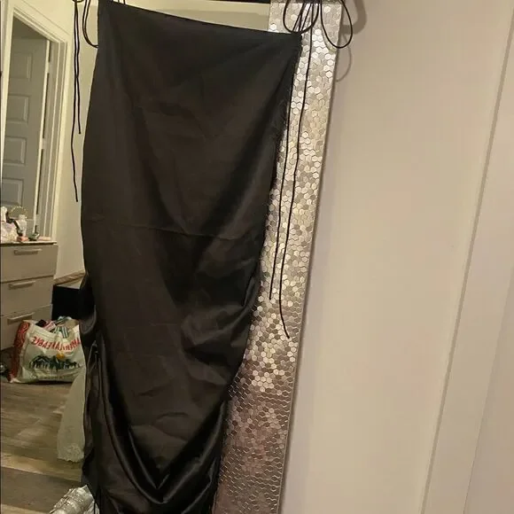 [boutique] drawstring black satin dress #2